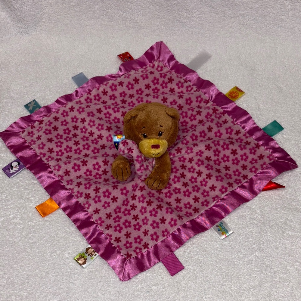 Taggies baby security blanket lovey soothe me teddy  bear tags satin trim pink